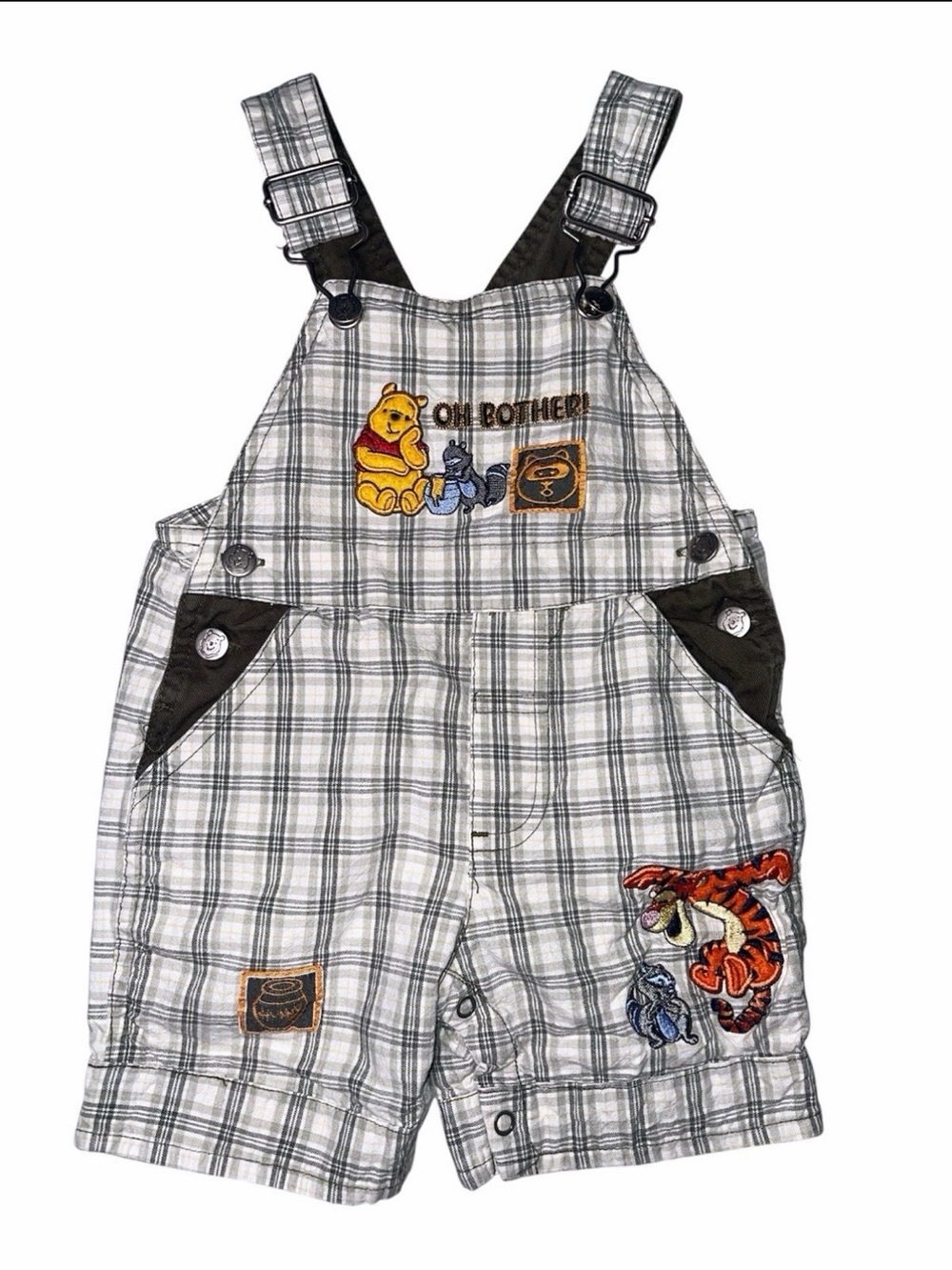 Plaid Gray Kids Overall Shorts with Winnie the Pooh Embroidery